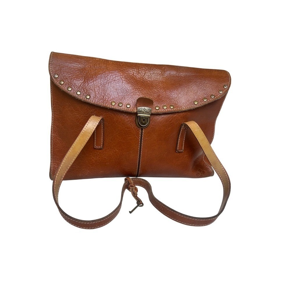 Patricia Nash Tan Leather Studded Flap‎ Shoulder Bag Turn Lock Cognac Brown